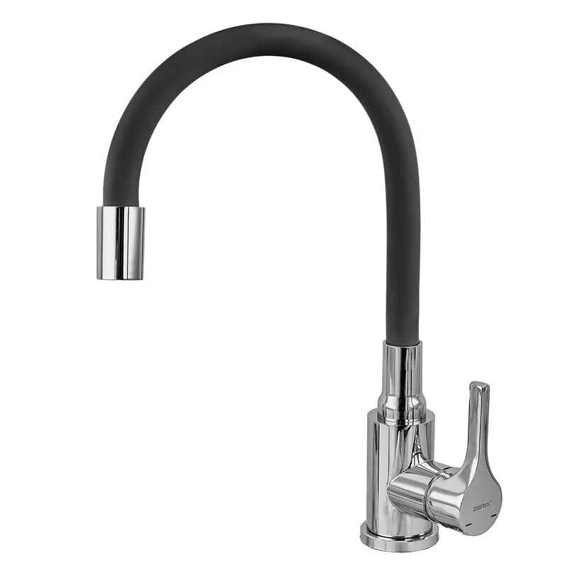 Змішувач для кухні ZERIX REX-011 CHROME REFL.BLACK з нерж. сталі (Колір хром+силіконовий вилив чорний) (ZX6127)