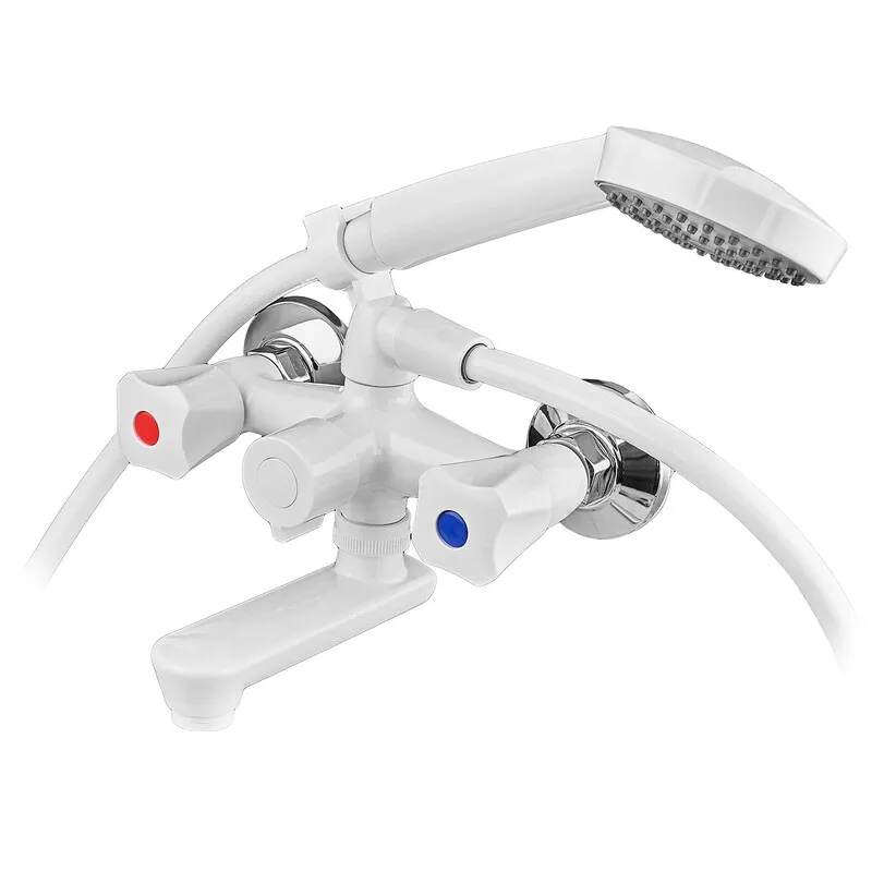 Змішувач для ванни PLAMIX OMEGA-142 EURO SET WHITE (зі шлангом, лійкою та кронштейном) (Колір білий) (MX9699)